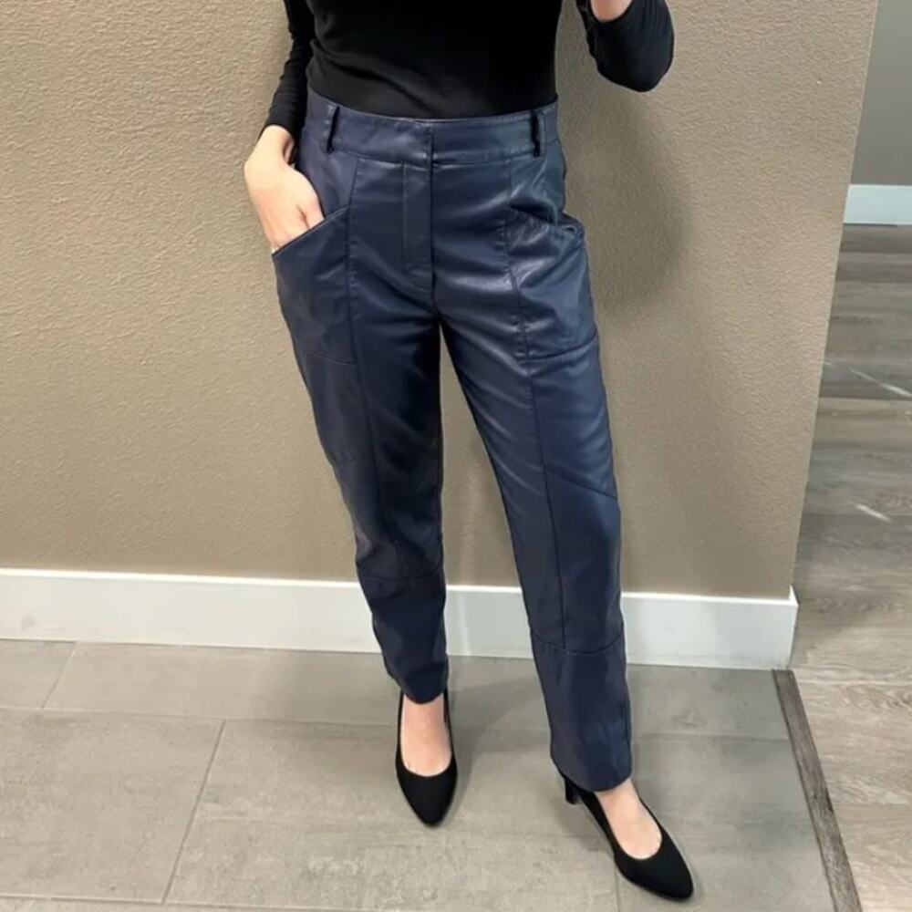 Ronny Kobo Blue Faux Leather Pants SIZE 4 Trouser Tapered Career Designer $305 - Picture 4 of 13